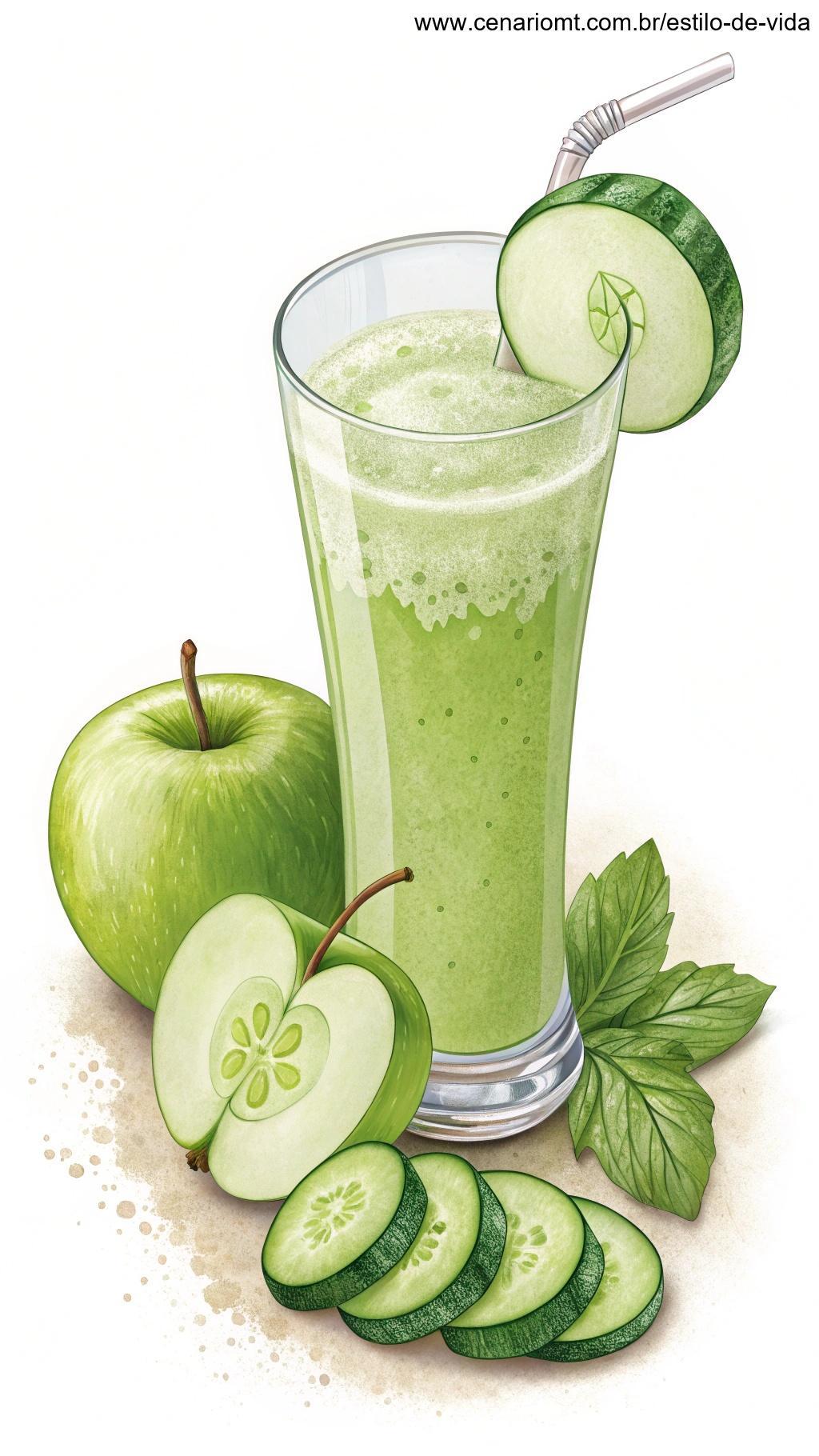 Suco leve e fresco feito com maçã verde e pepino, servido em um copo com uma fatia de maçã verde como guarnição.