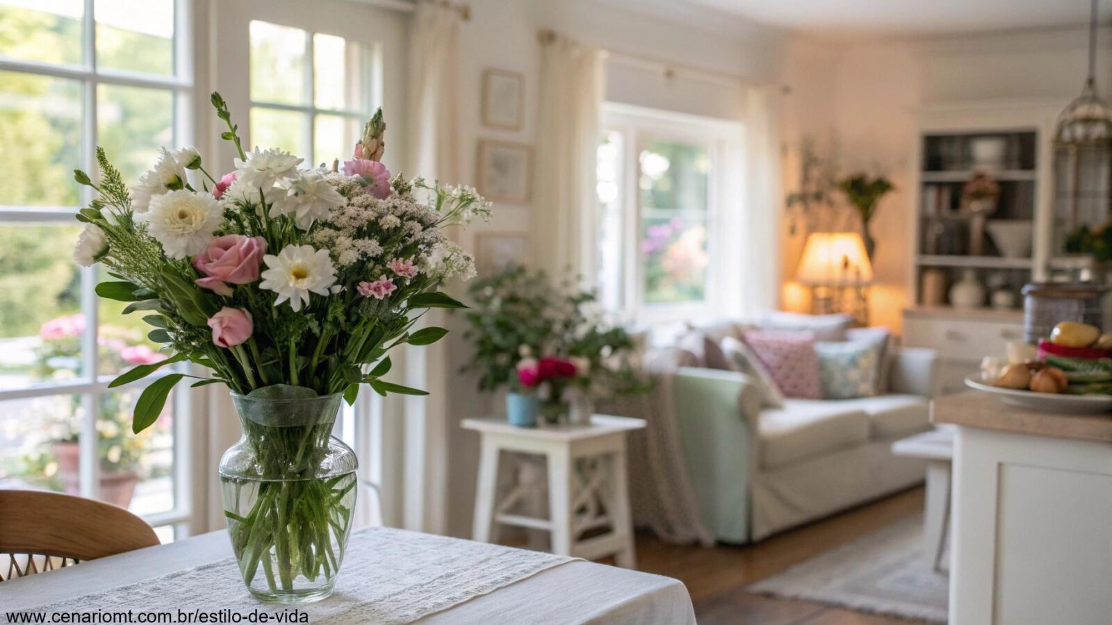 Casa bem iluminada com flores frescas na mesa e ambiente limpo e organizado.