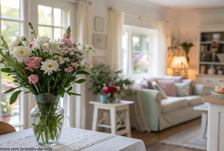 Casa bem iluminada com flores frescas na mesa e ambiente limpo e organizado.