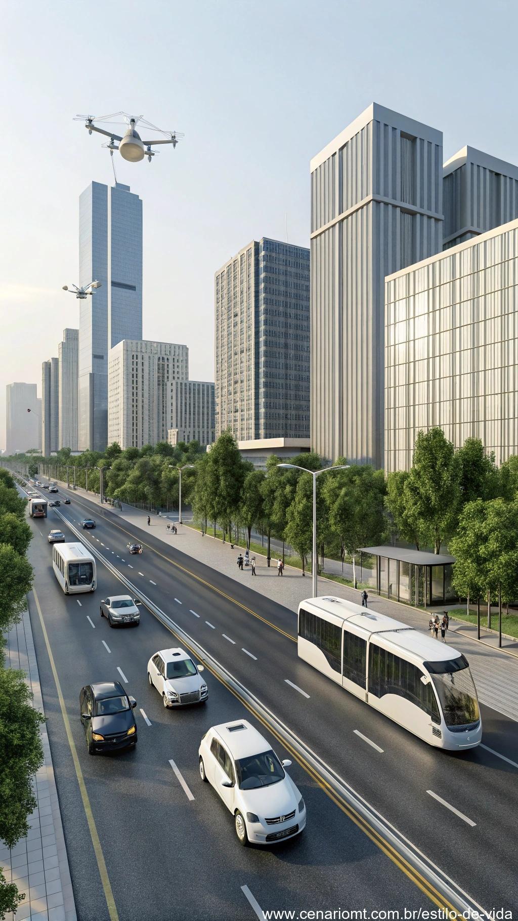 Paisagem urbana moderna com veículos autônomos navegando perfeitamente, incluindo carros, ônibus e drones autônomos.