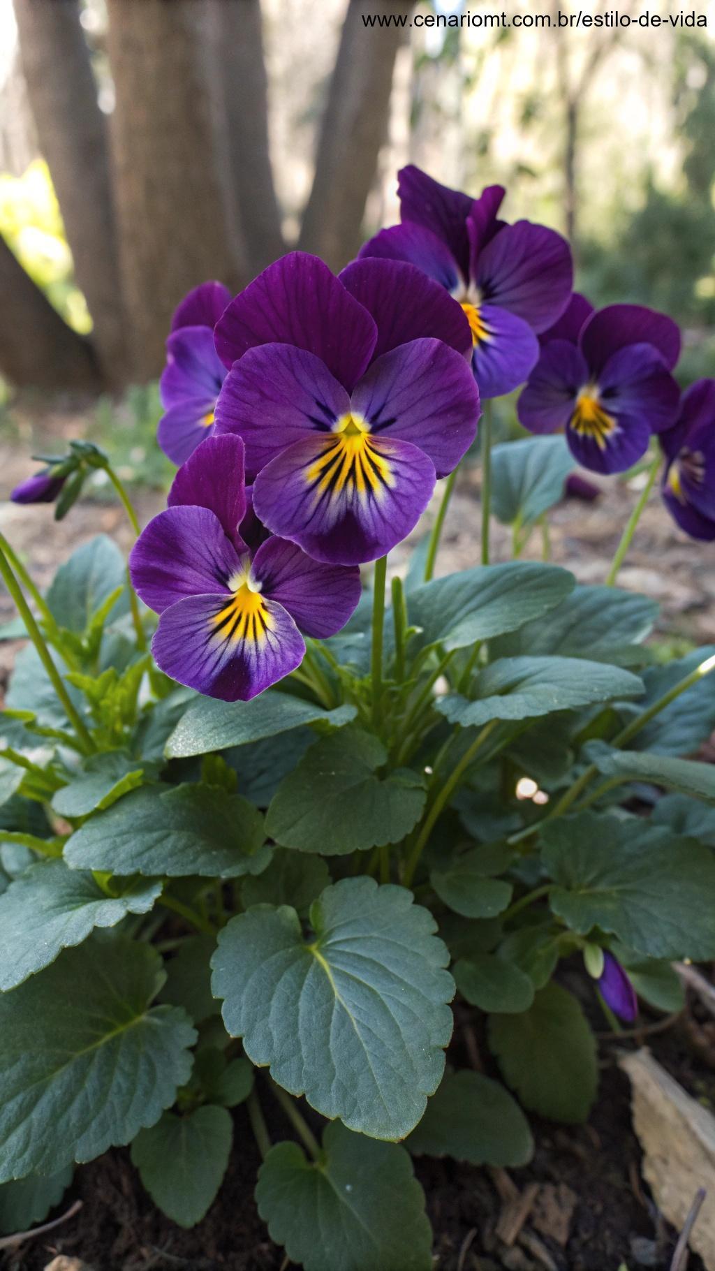 Um conjunto de flores de violeta com pétalas roxas profundas e um centro amarelo brilhante, crescendo em uma área sombreada.