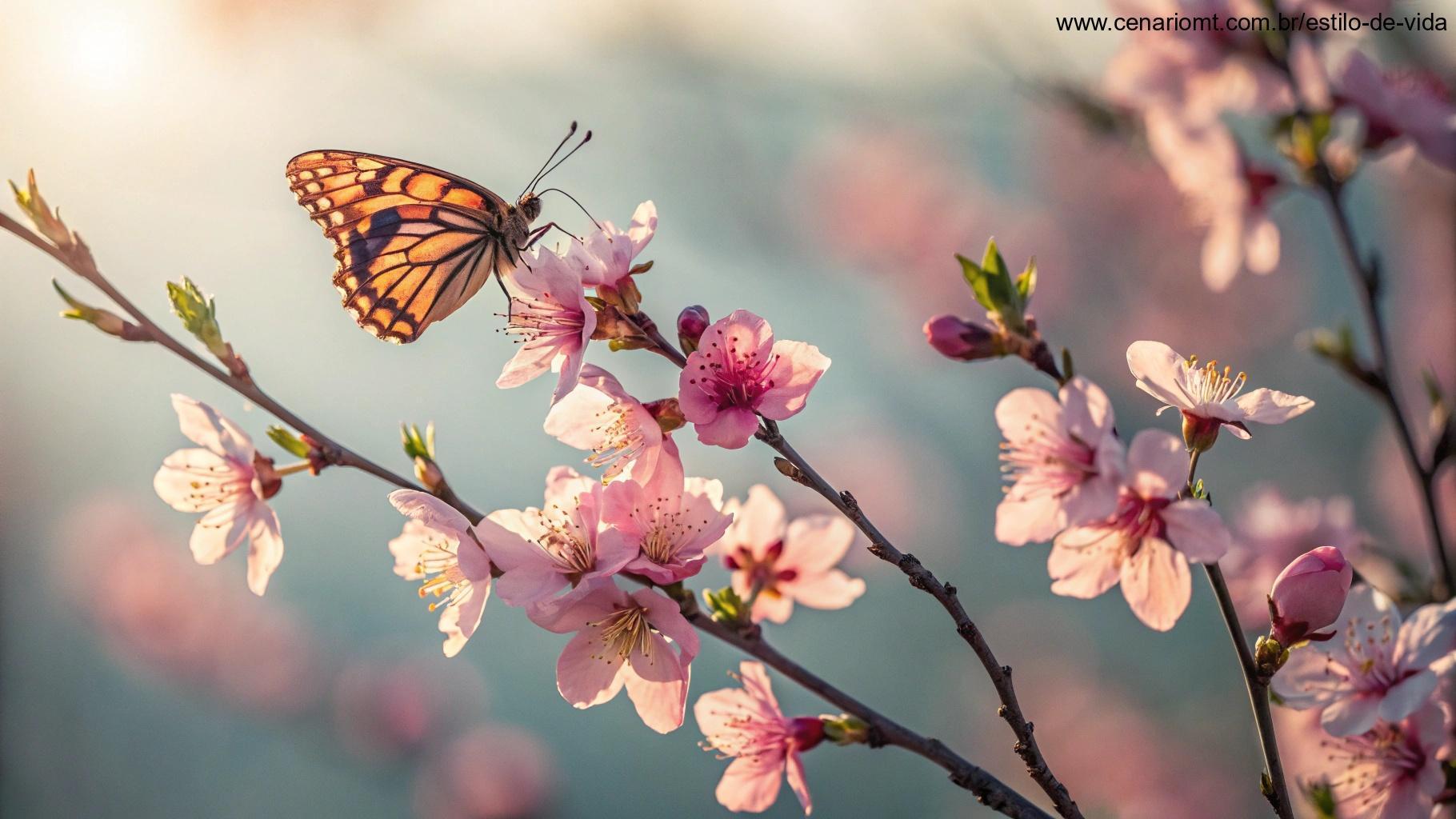 Uma borboleta pousando suavemente em uma flor desabrochando, cercada por uma atmosfera serena, simbolizando mudanças positivas e novos começos.