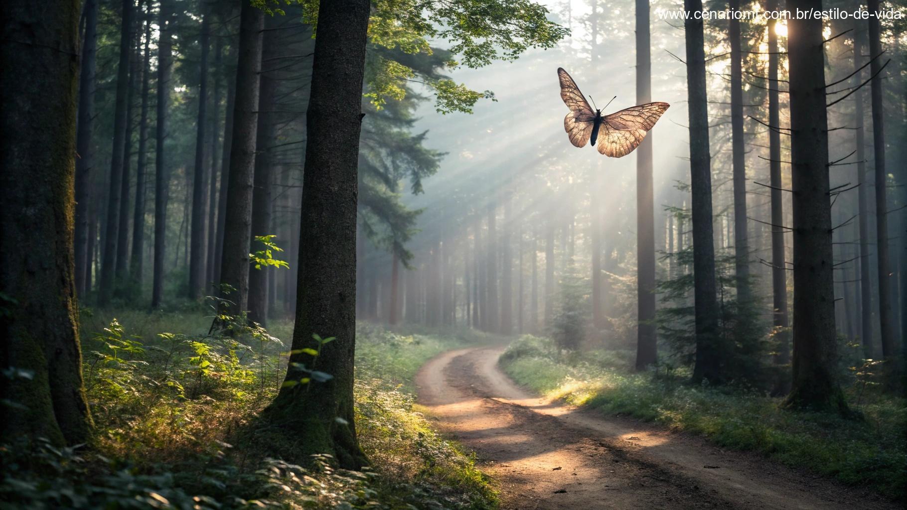 Borboleta voando por uma floresta tranquila, com suas asas brilhando suavemente, representando a jornada espiritual diária.