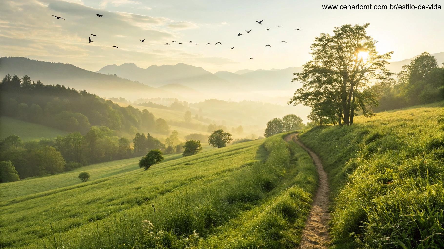 Paisagem matinal com um caminho através de um vale verdejante, iluminado por um nascer do sol dourado.
