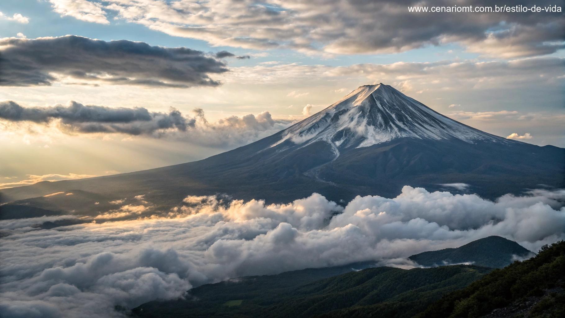 Imagem poderosa de uma montanha cercada por nuvens, simbolizando força e proteção.