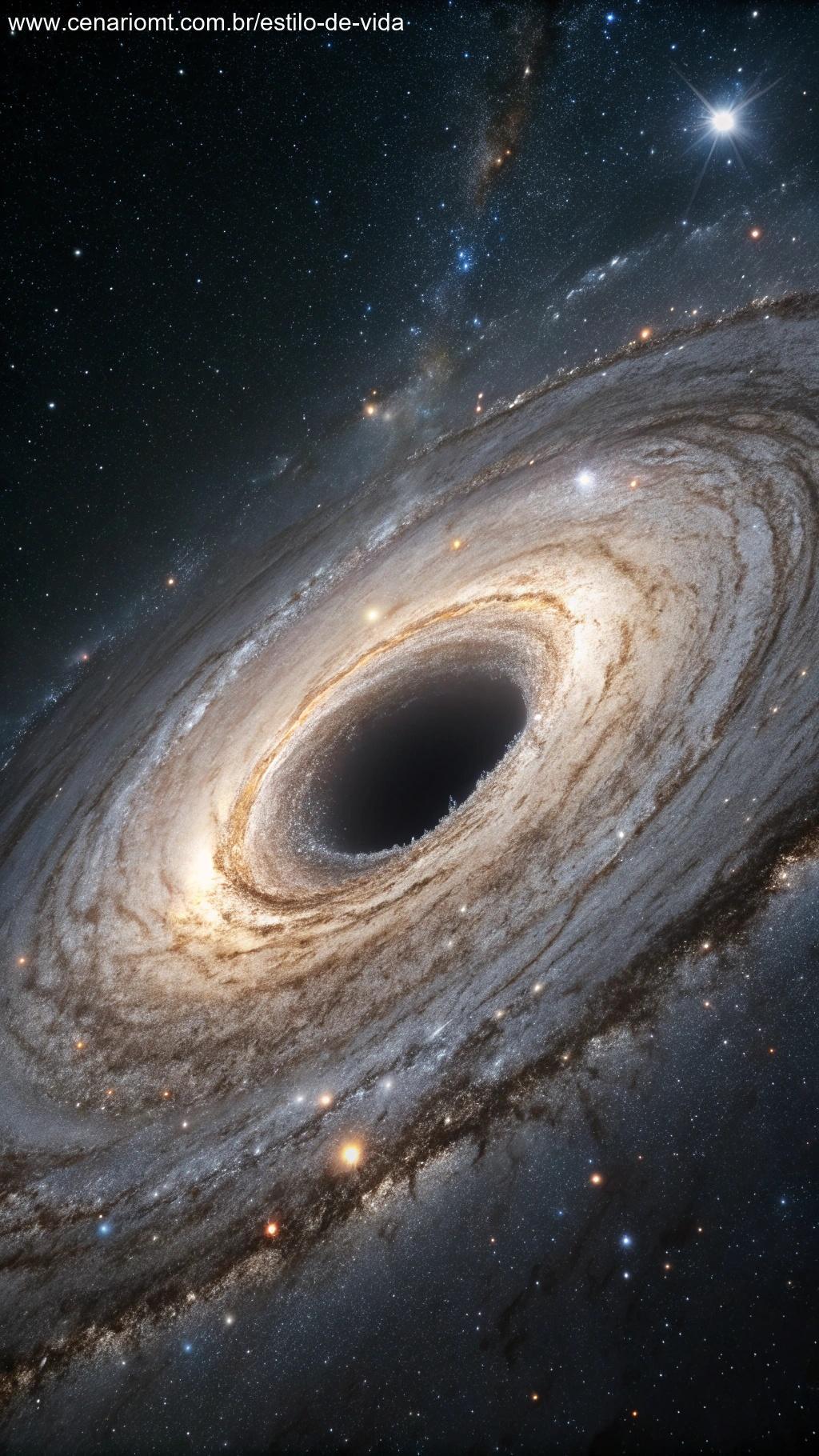 Imagem mostrando a gravidade extrema de um buraco negro curvando o espaço-tempo.