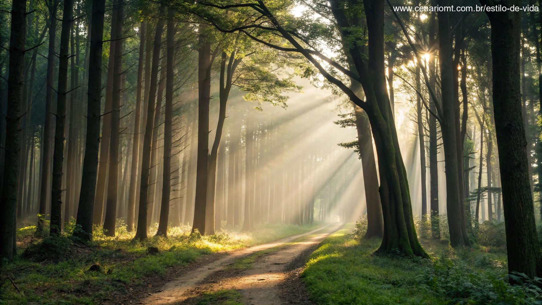 Momento tranquilo em uma floresta com raios de luz filtrando pelas árvores.