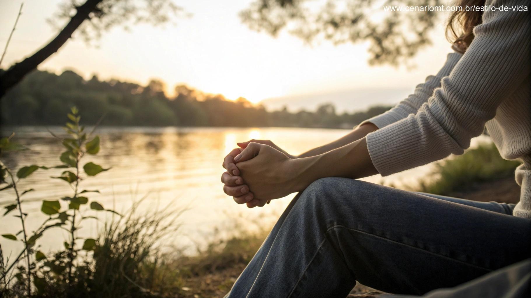 Momento de oração com mãos suavemente entrelaçadas em um ambiente tranquilo, com luz suave e natureza ao fundo.