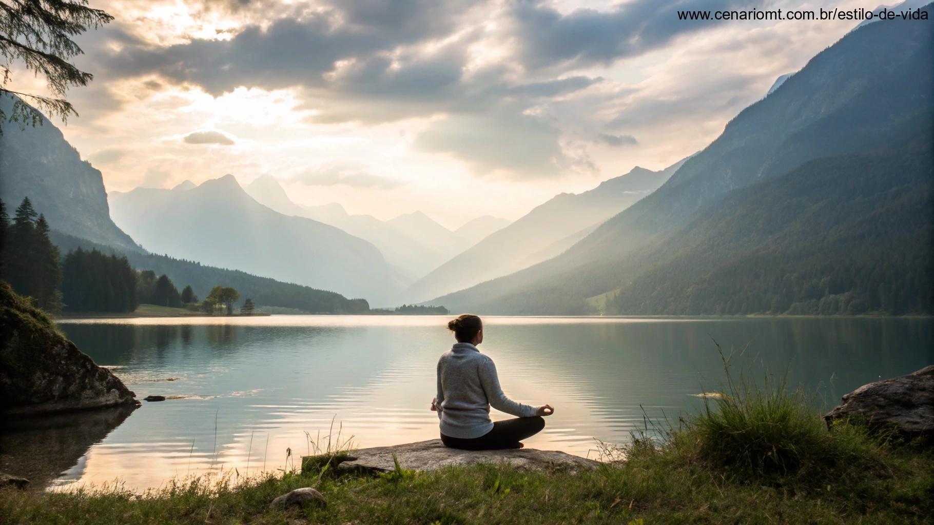 Cena tranquila de uma pessoa meditando à beira de um lago calmo, com luz suave.