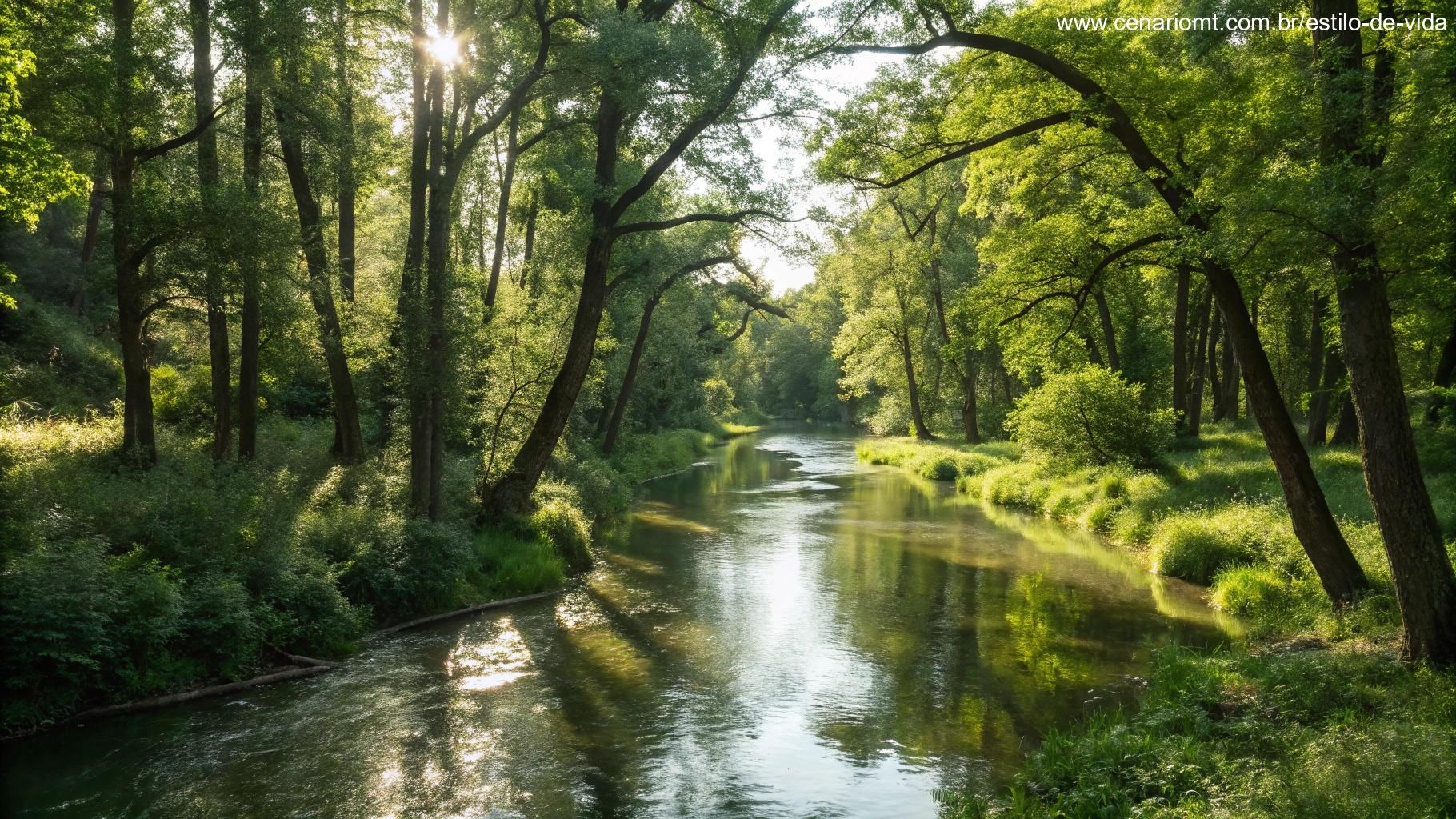 Rio calmo serpenteando por uma floresta verdejante, com luz suave filtrada pelas árvores, simbolizando orientação divina.