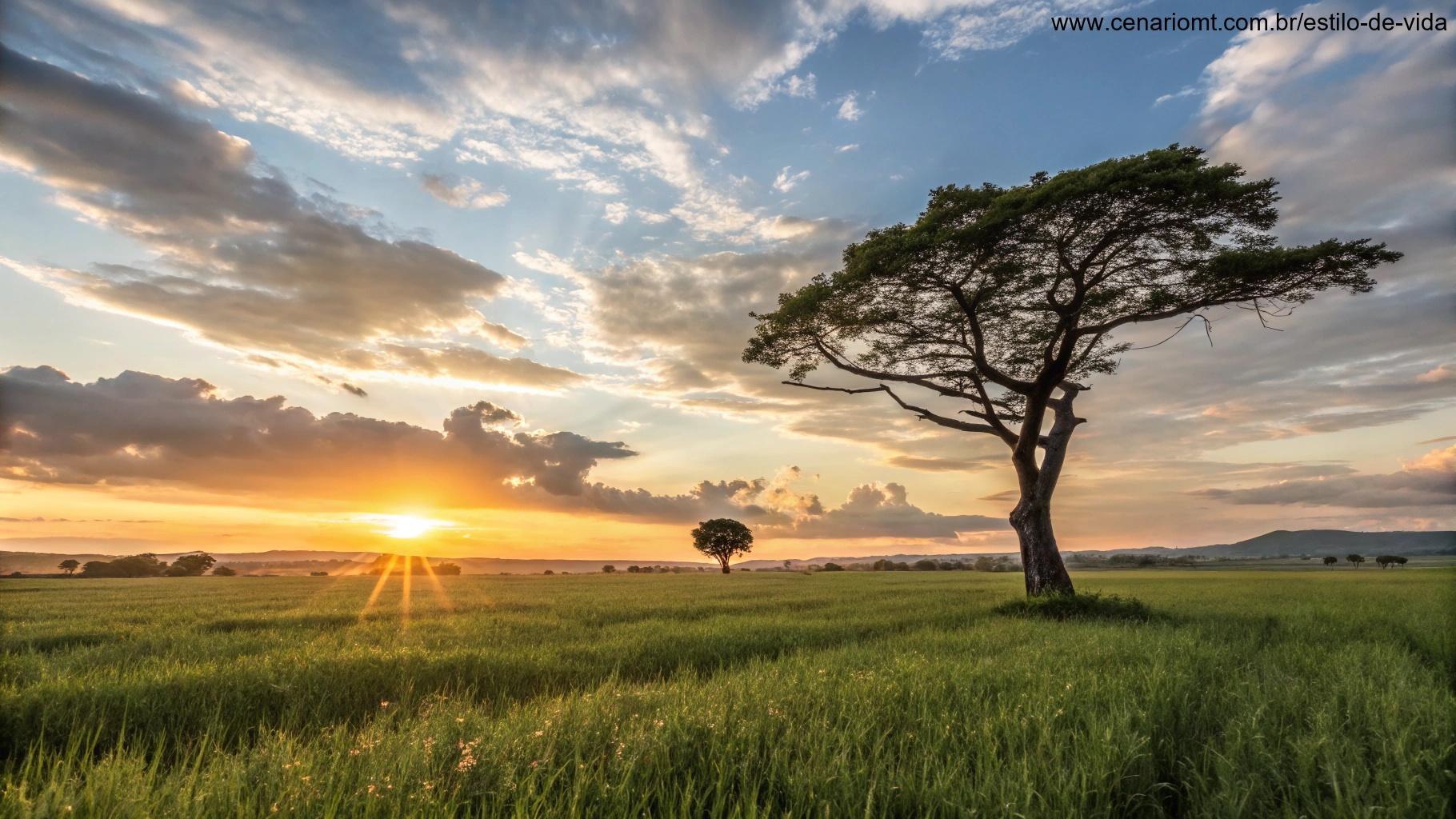 Céu vasto ao pôr do sol com a luz quente refletida sobre um campo verde e uma árvore solitária.