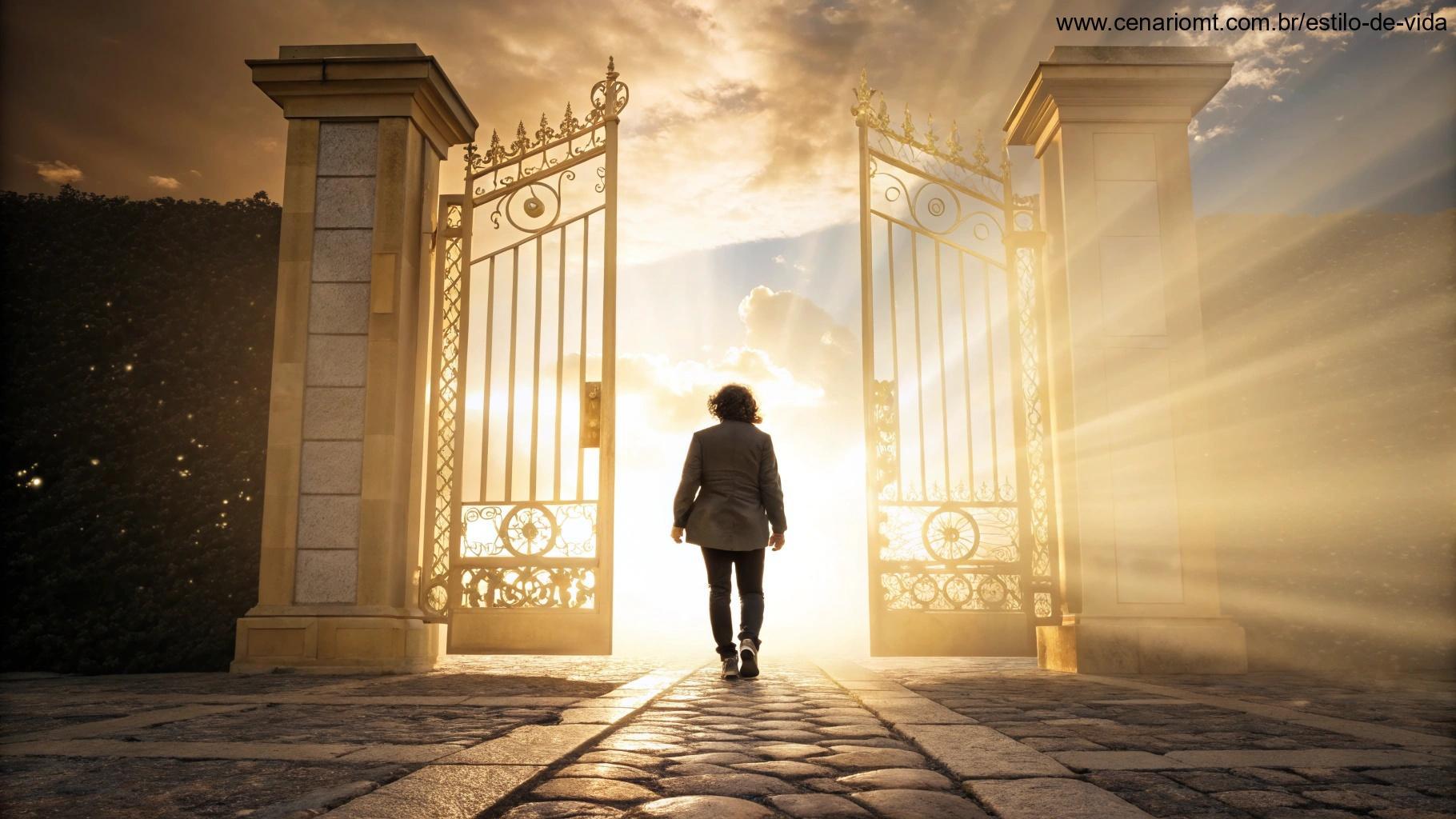 Uma pessoa diante de um portal dourado prestes a entrar em uma nova fase da vida.