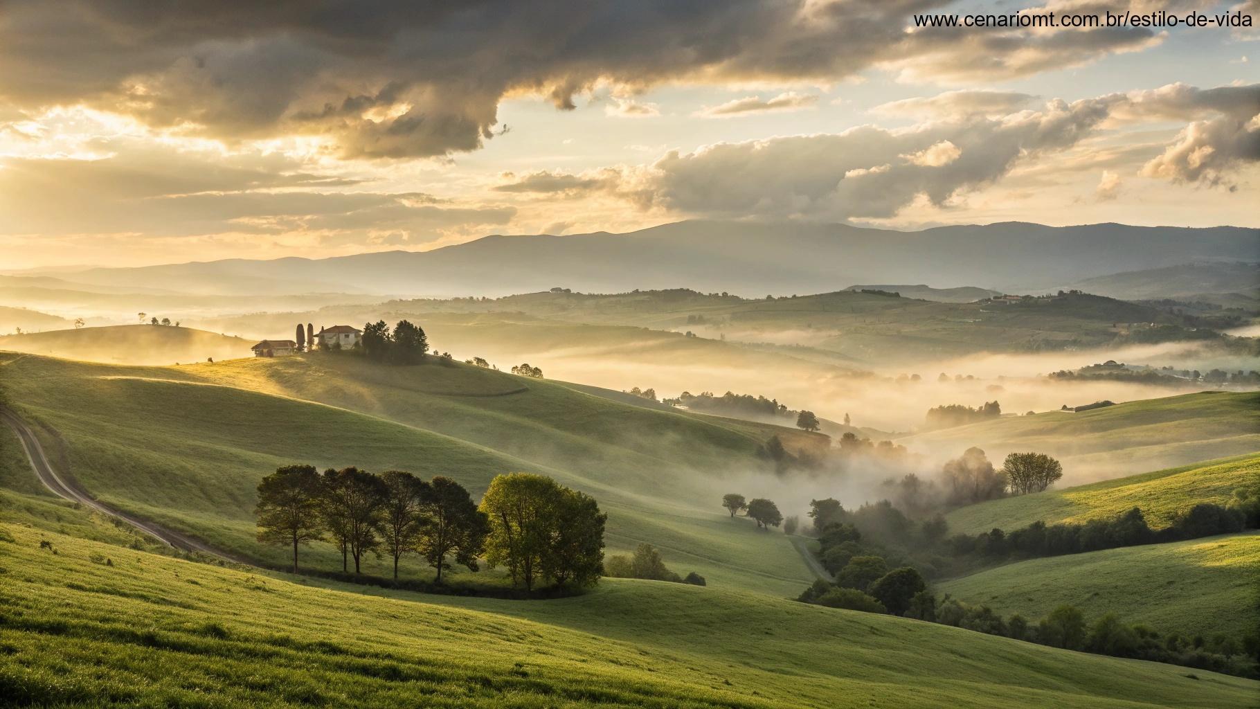 Paisagem tranquila ao amanhecer, simbolizando um novo começo.
