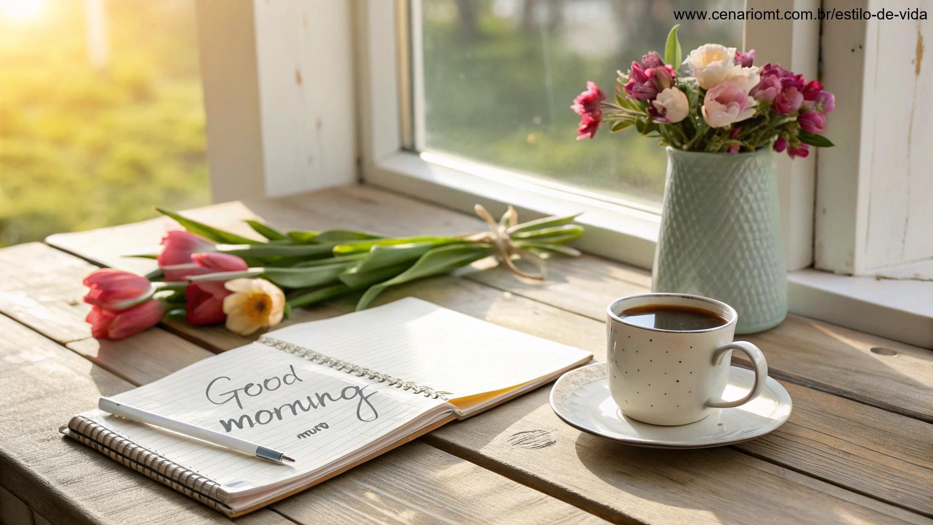 Cena alegre de manhã com café e flores, destacando a importância de uma mensagem de bom dia.