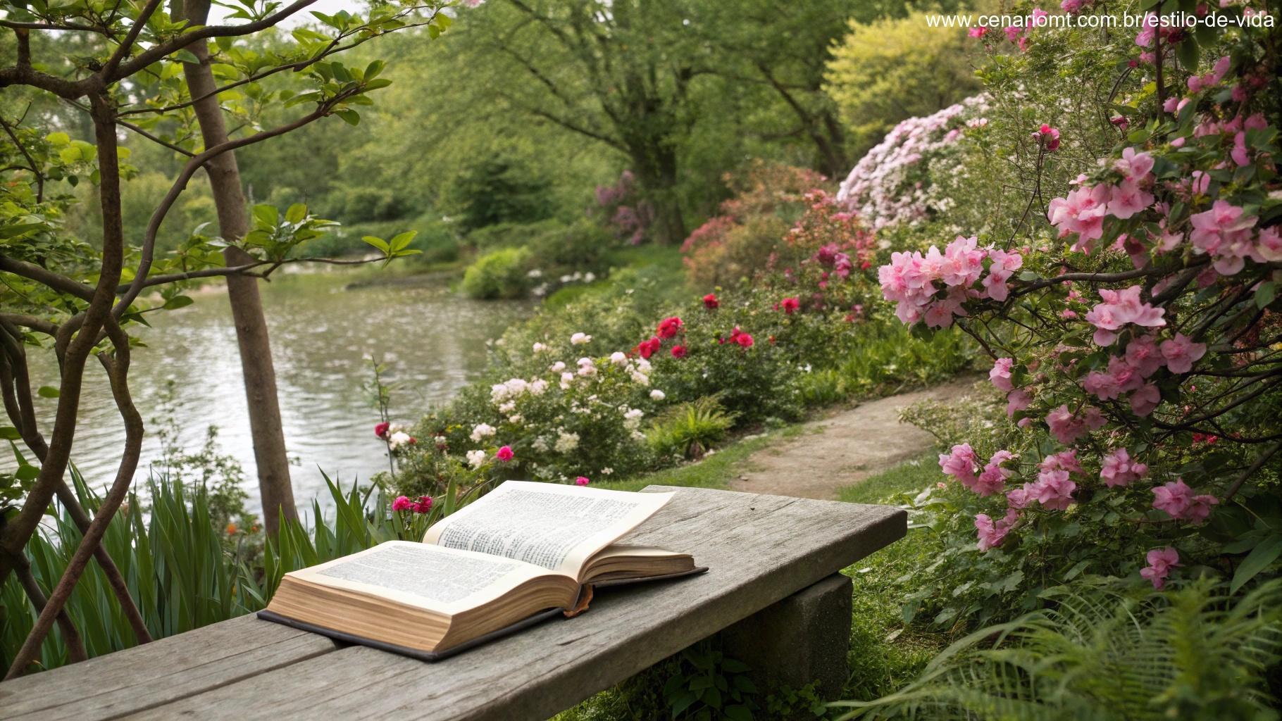 Jardim tranquilo com um livro aberto sobre um banco, cercado por flores e natureza, simbolizando a importância de viver pela palavra.