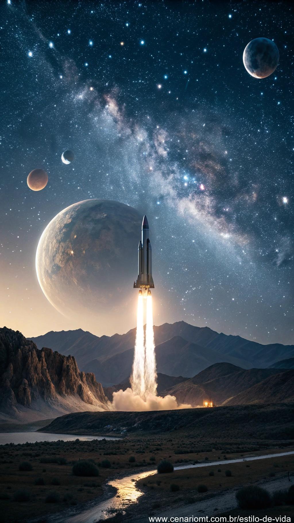 Cena futurista de missões espaciais privadas, com espaçonaves avançadas lançando-se ao espaço, ao fundo de estrelas e planetas distantes.