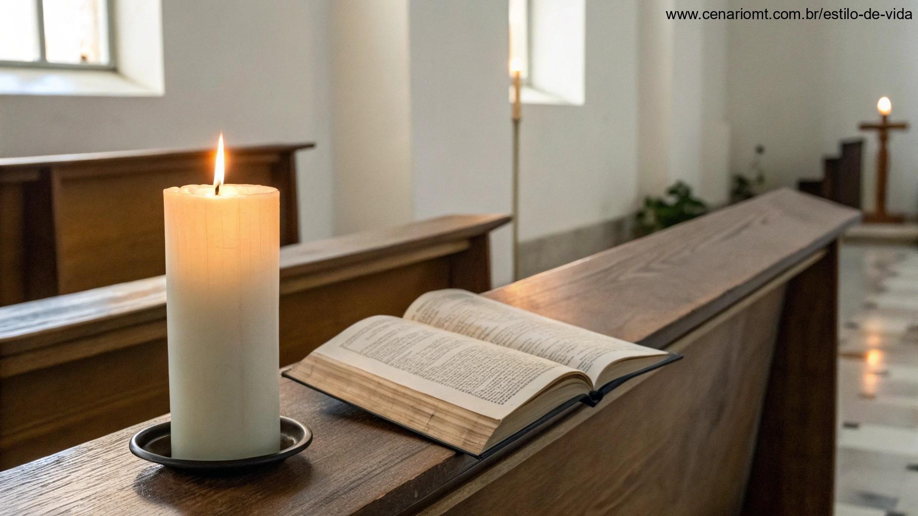 Espaço calmo e reflexivo para oração, com uma vela e uma bíblia aberta, evocando um sentimento de paz e meditação no salmo do dia.