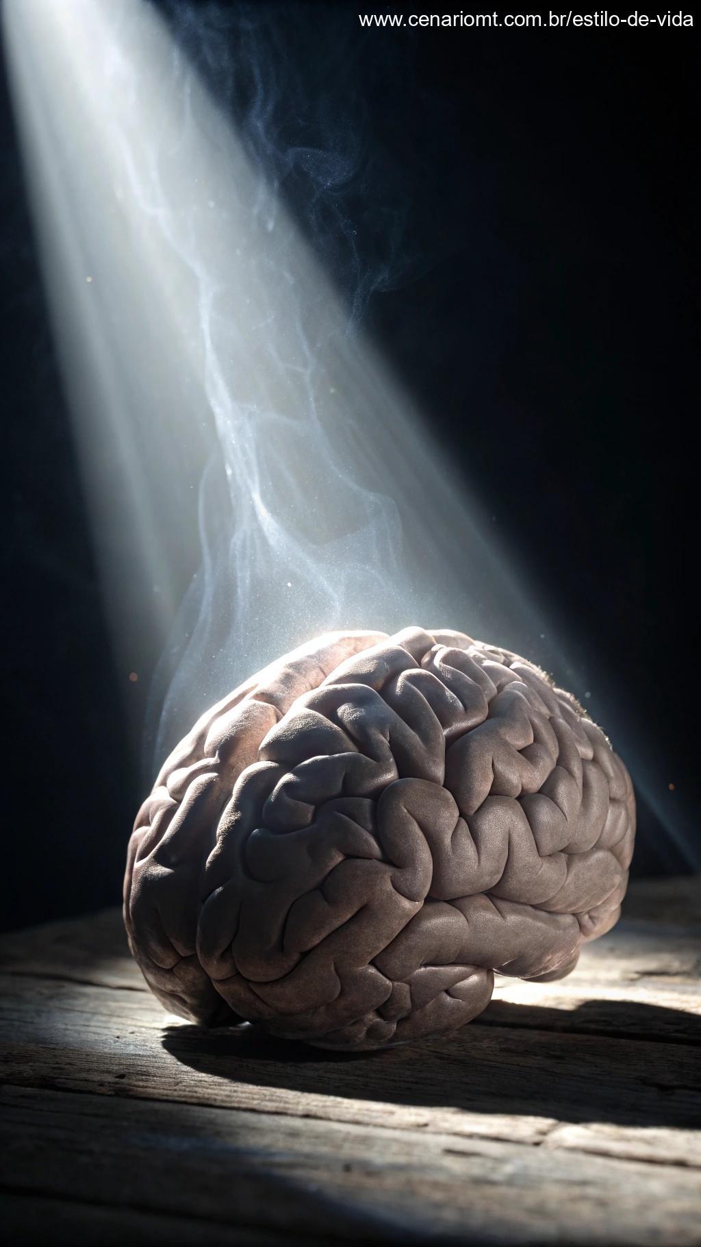 Cérebro misterioso com luz etérea representando memória e premonição, com imagens desaparecendo e surgindo.