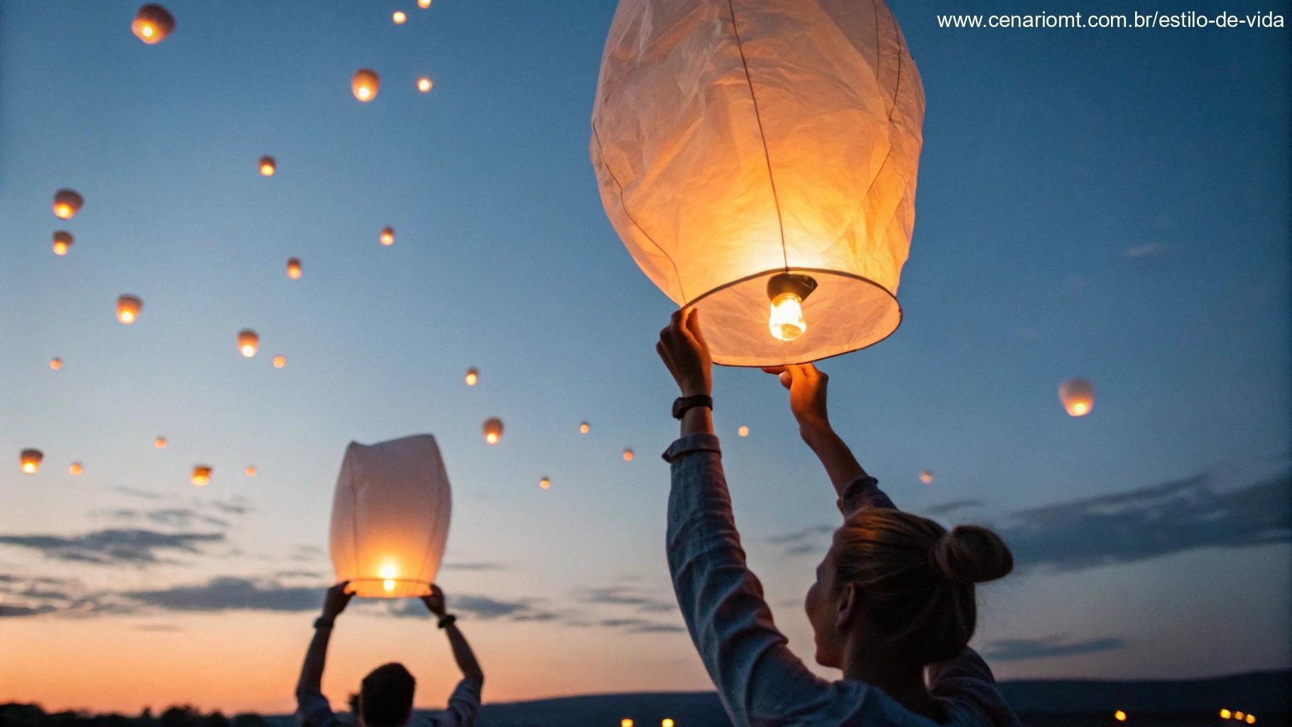 Mãos soltando lanternas brilhantes no céu do entardecer, simbolizando bondade e a propagação do bem.