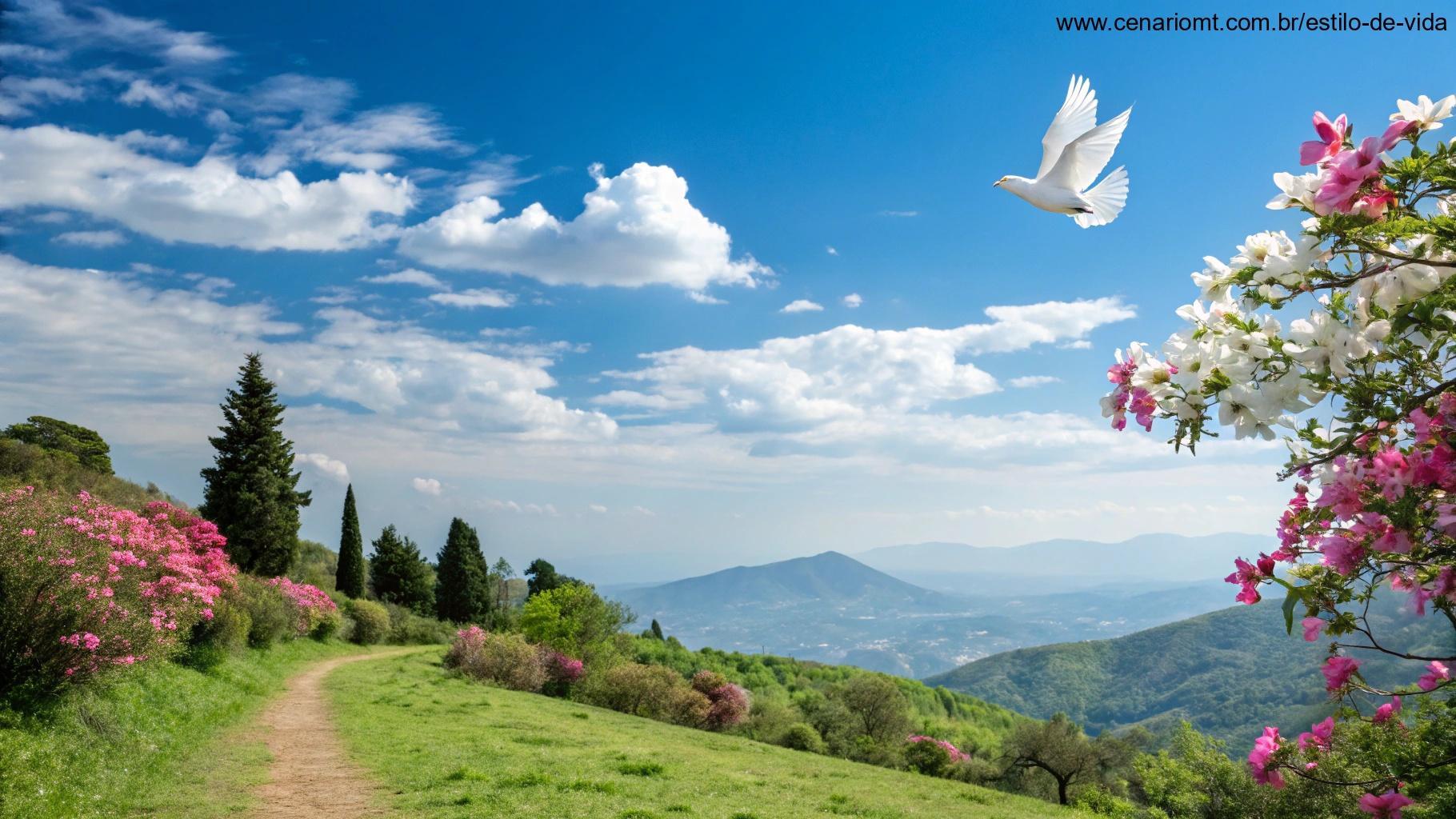 Paisagem serena com céu azul, flores desabrochando e uma pomba voando