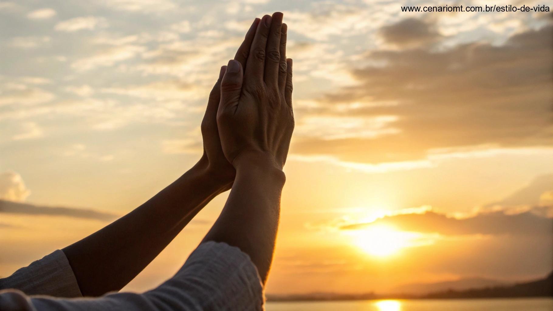 Mãos erguidas em oração contra um nascer do sol dourado, simbolizando fé e bênçãos divinas.