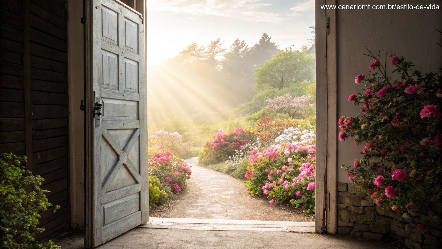 Uma porta se abrindo para um mundo vibrante e iluminado, cheio de flores.