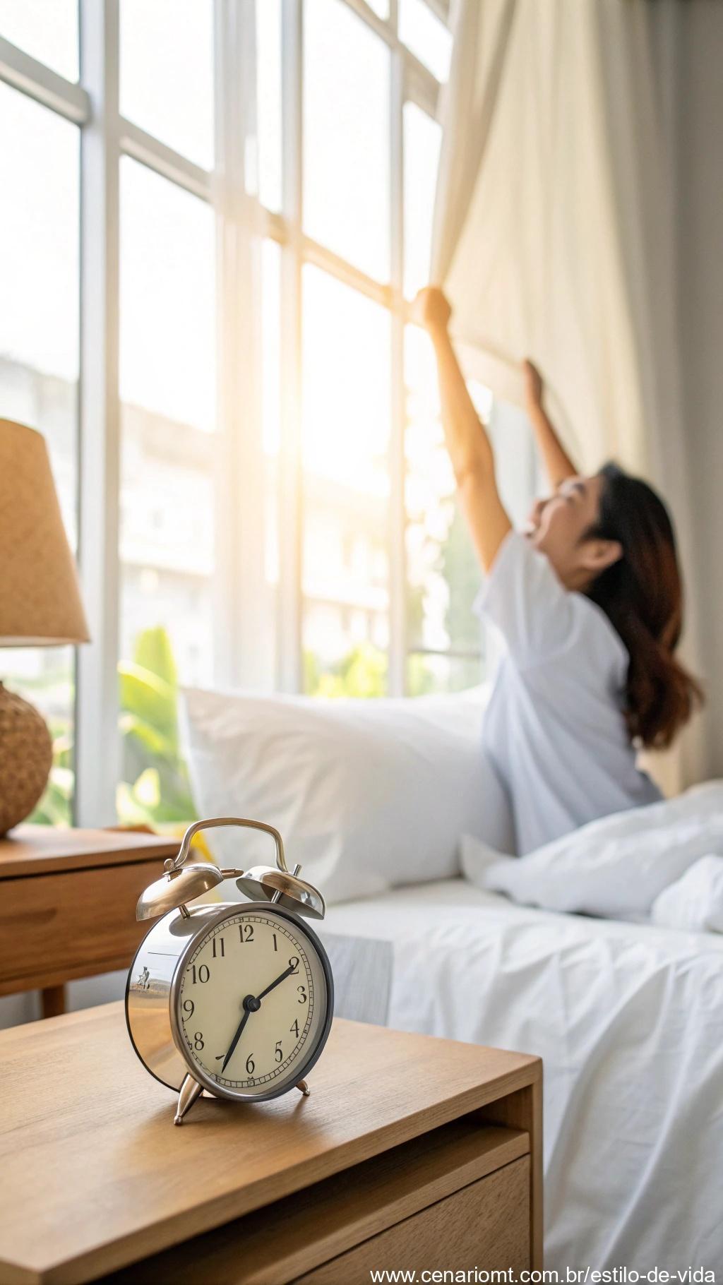 Pessoa acordando em um quarto iluminado pela luz da manhã, com um despertador ao lado.