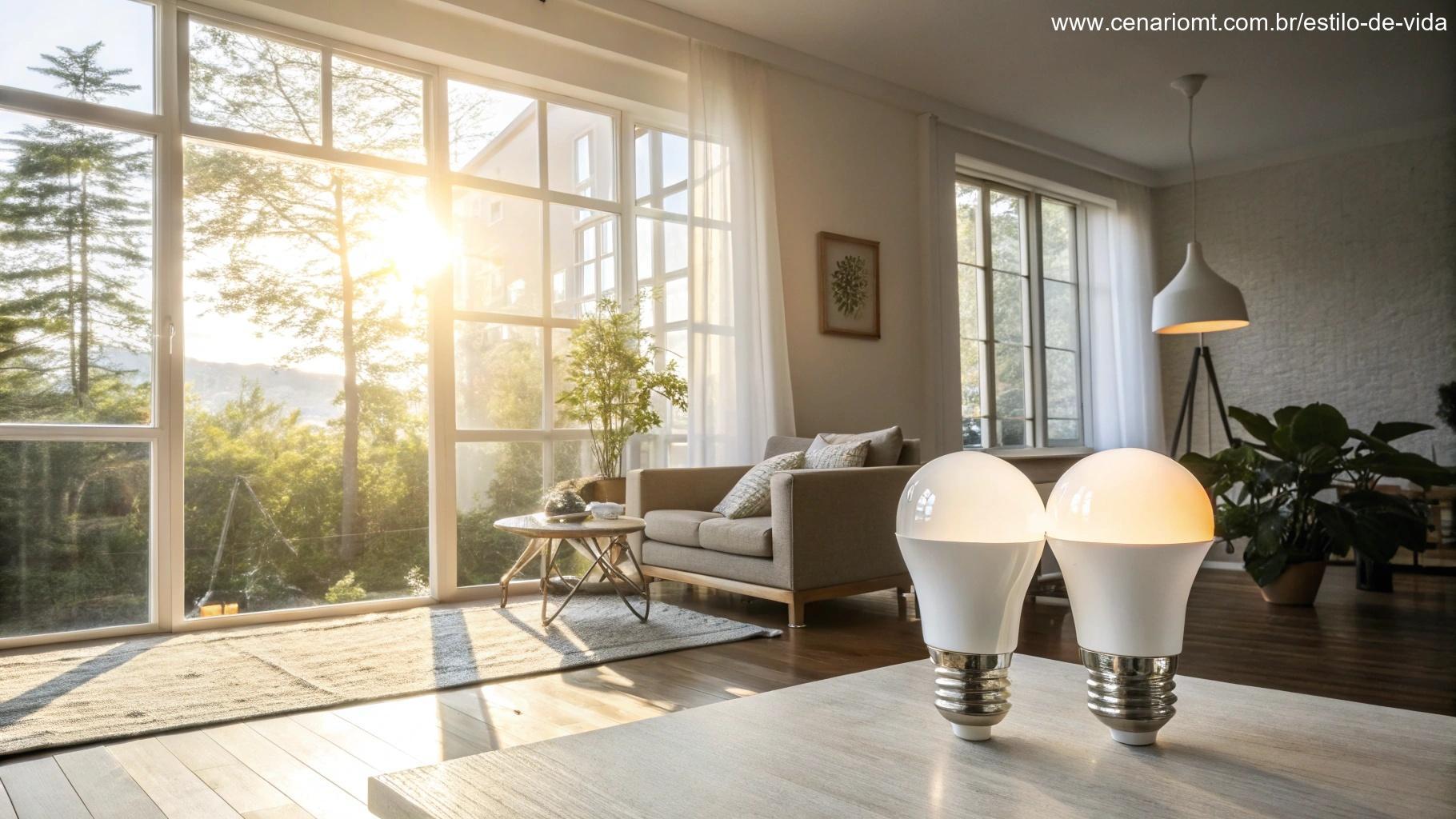 Sala moderna iluminada com luzes LED e luz natural.