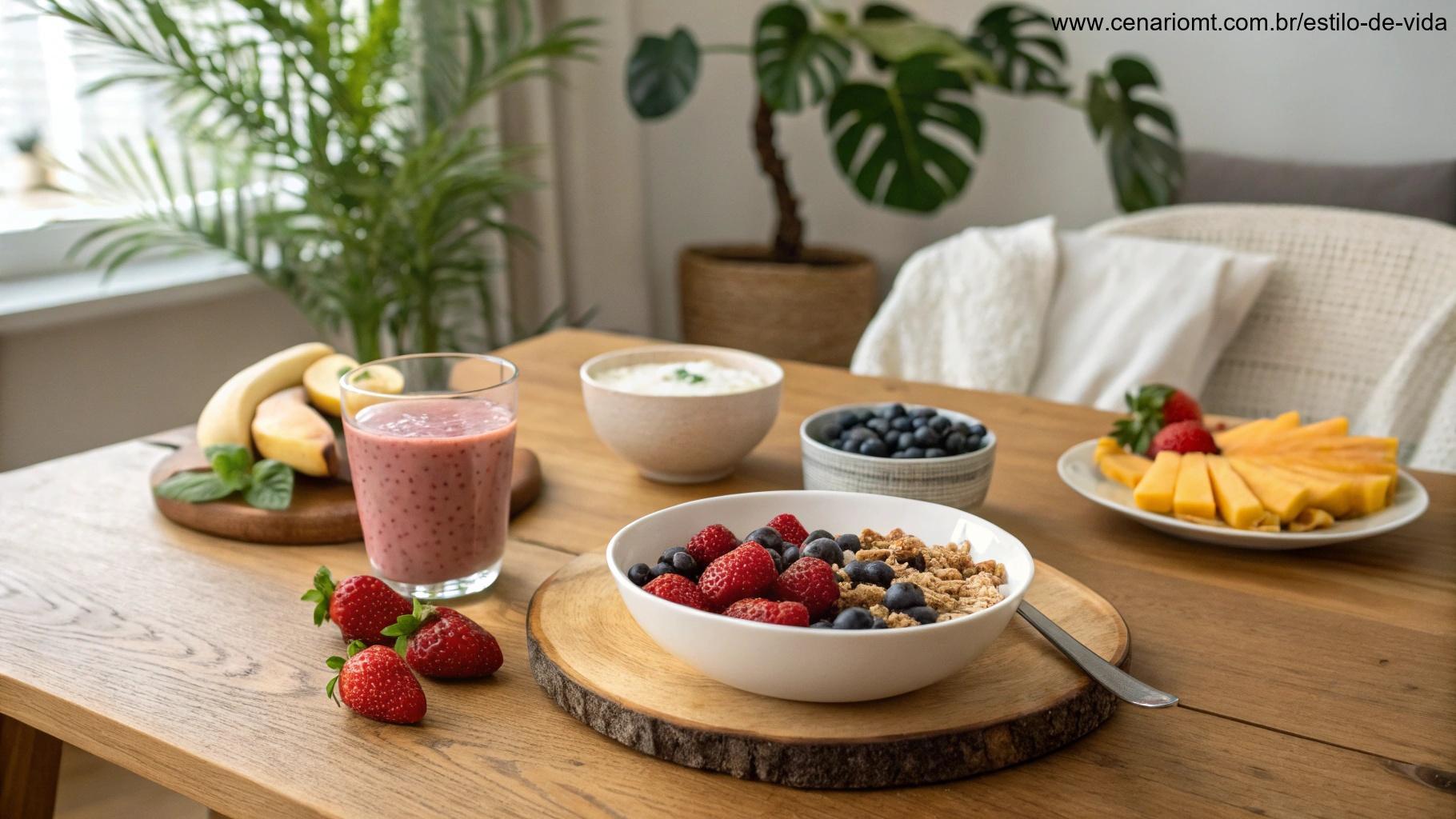 Café da manhã saudável com frutas, iogurte e smoothie em uma mesa de madeira.