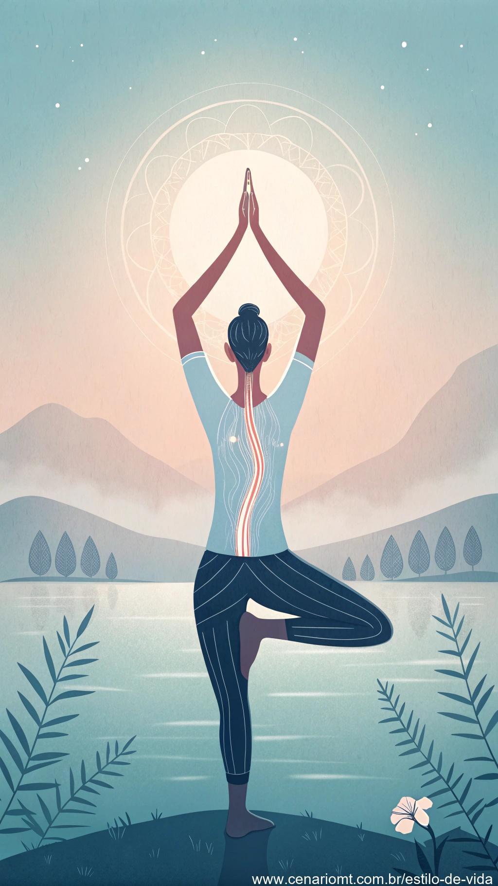 Uma pose de yoga em um ambiente calmo com símbolos de alívio de dores