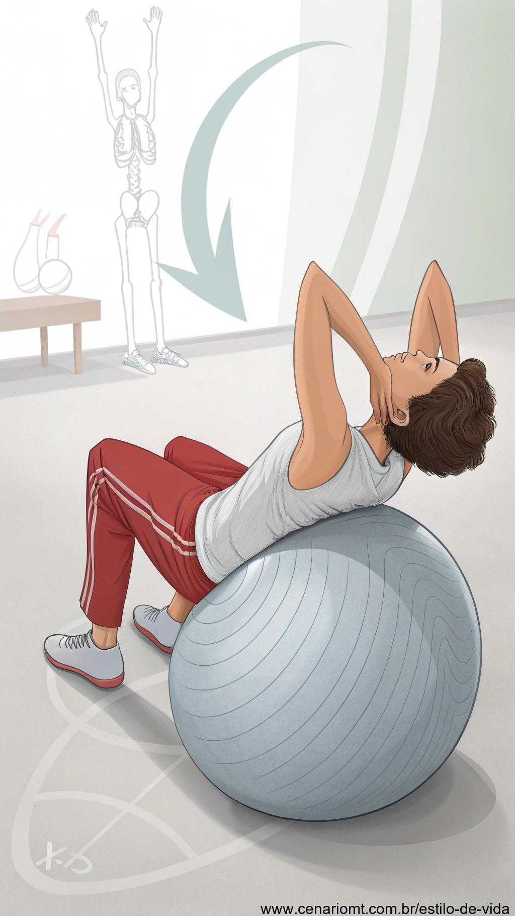 Alongamento lombar com bola em um ambiente de academia.