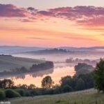 Imagem de um amanhecer tranquilo, com cores suaves sobre uma paisagem calma, simbolizando um novo começo para a quarta-feira.