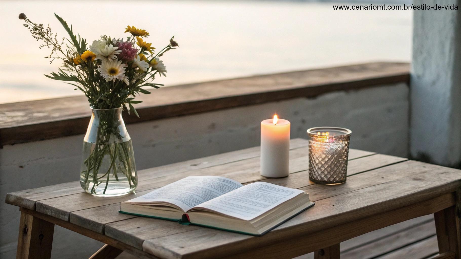 Mesa de madeira simples com uma vela acesa, um pequeno vaso com flores frescas e um livro aberto em cima, criando uma atmosfera de paz.