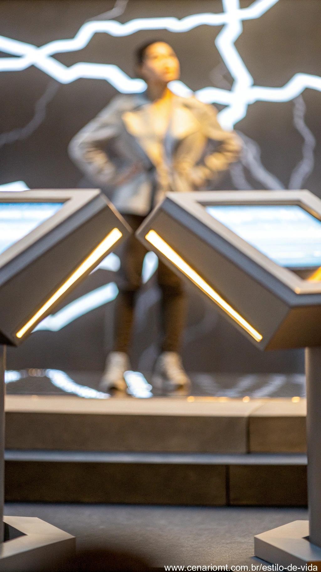 Indivíduo inovador, quebrando barreiras financeiras tradicionais em um ambiente futurista com cores azuis elétricas e prateadas.