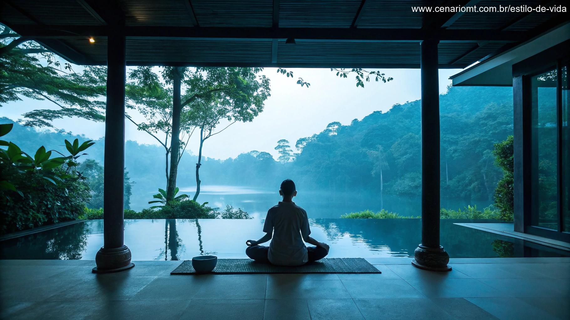 Ambiente tranquilo com tons de azul e verde, transmitindo relaxamento e equilíbrio.