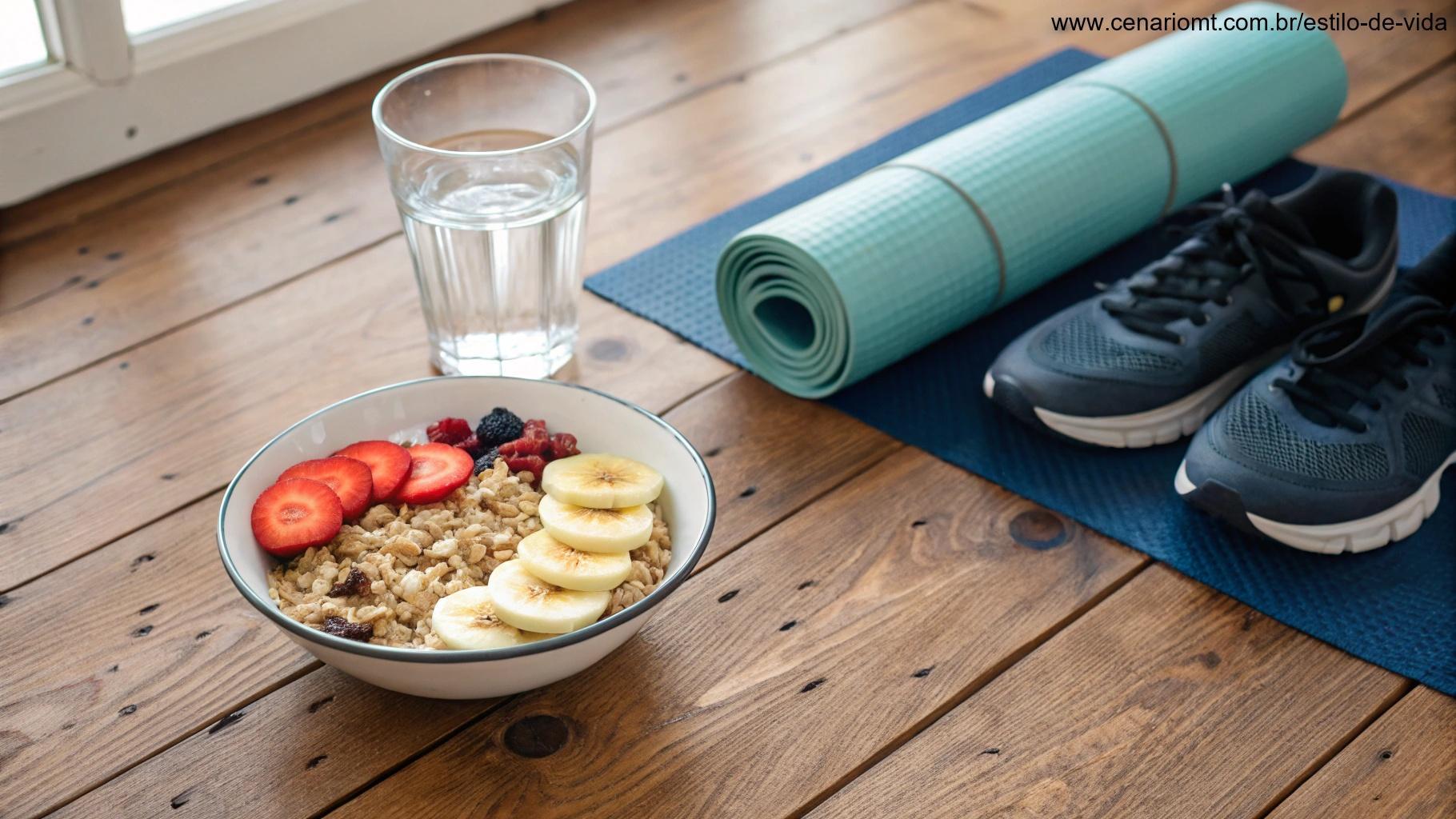 Café da manhã saudável com frutas, aveia e água, além de acessórios de atividade física.