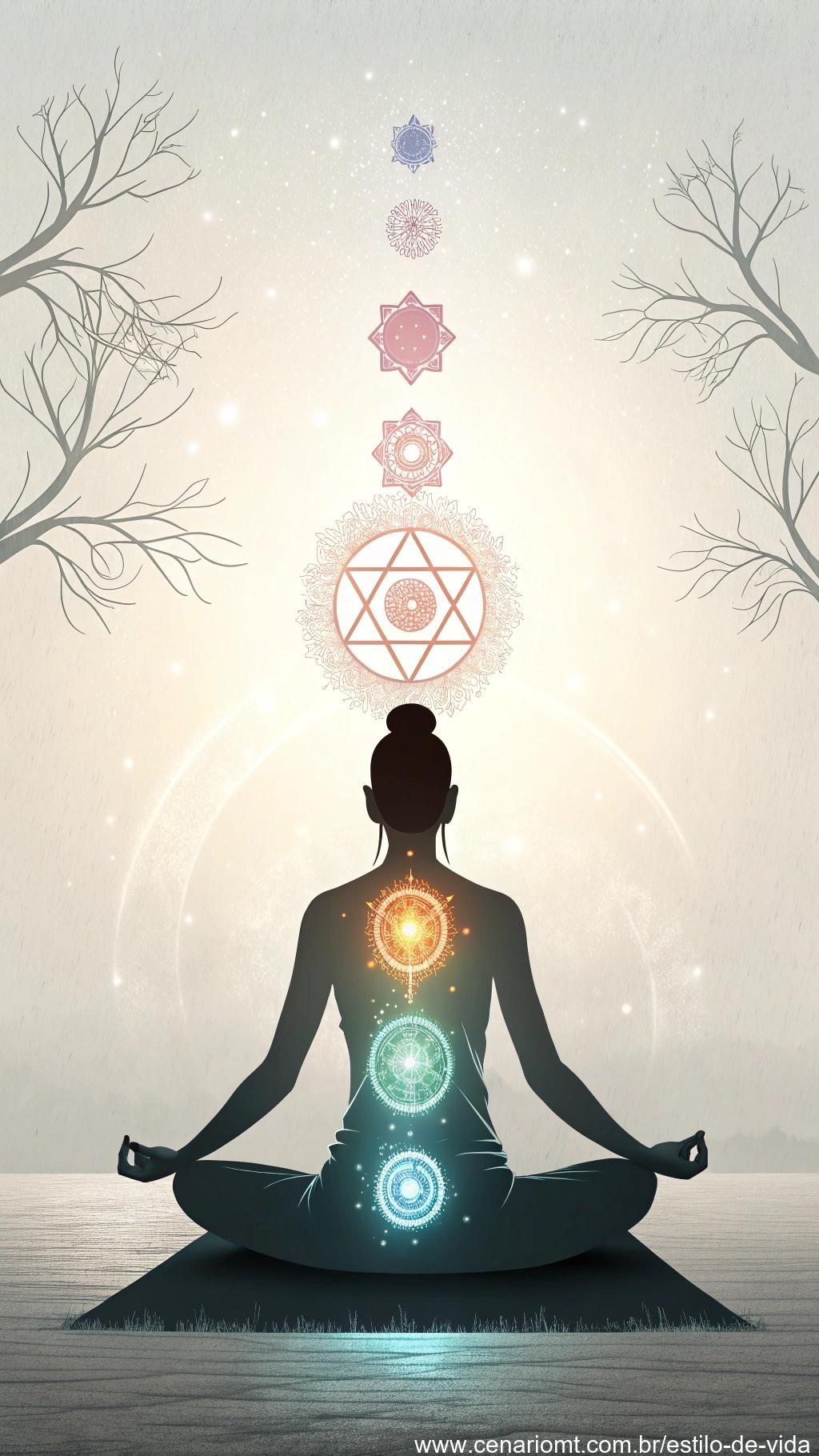 Um praticante de yoga focado com símbolos brilhantes de concentração em um fundo minimalista