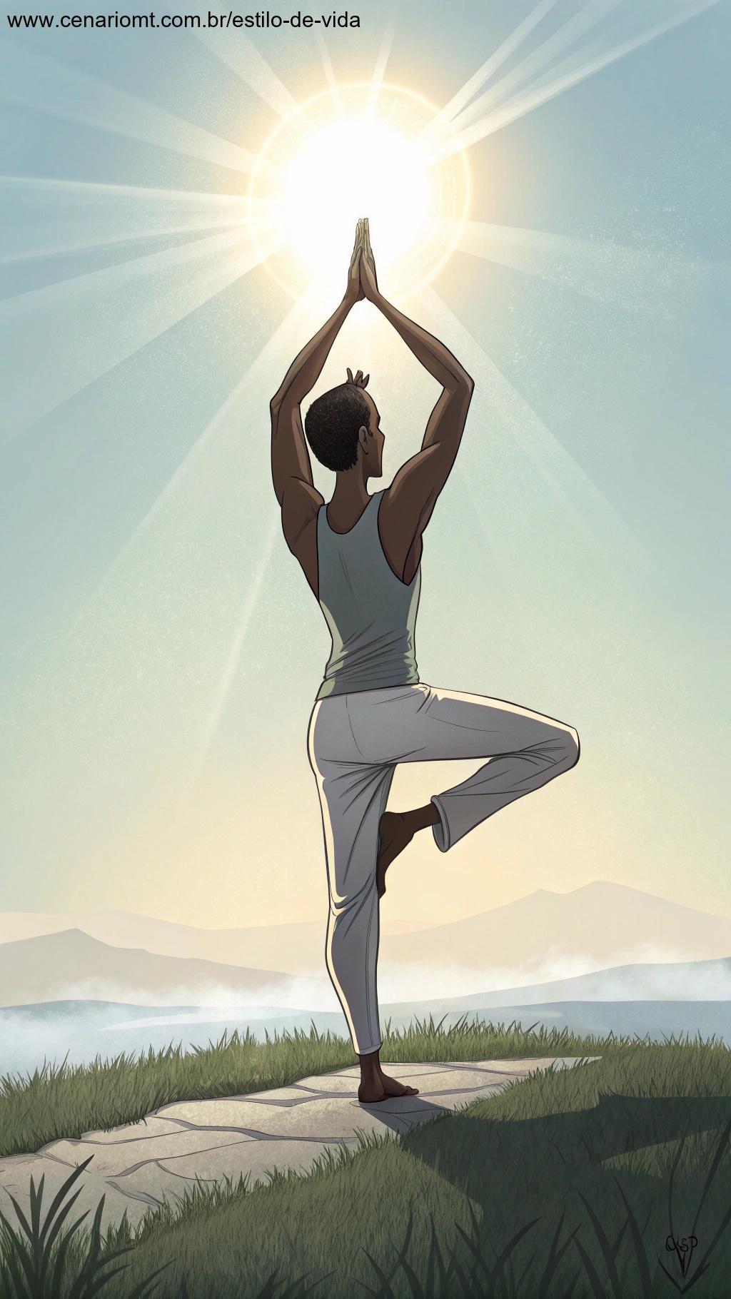 Uma pose de yoga forte e equilibrada realizada ao ar livre com luz solar destacando a força muscular