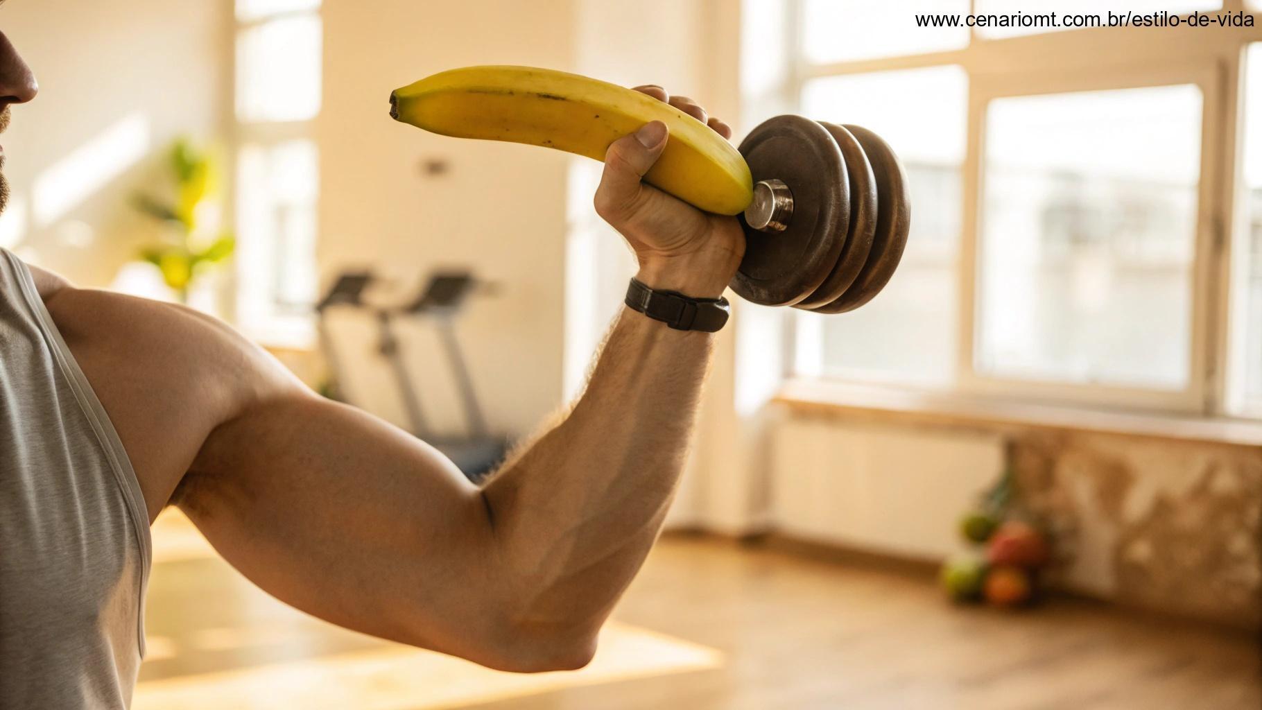Braço musculoso segurando uma banana como se fosse um haltere, com fundo de academia.