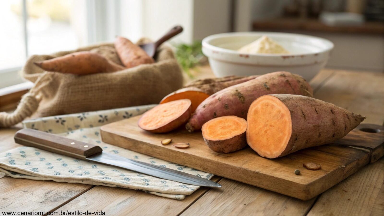 Batata-doce e mandioca sobre uma mesa de madeira, com iluminação natural.