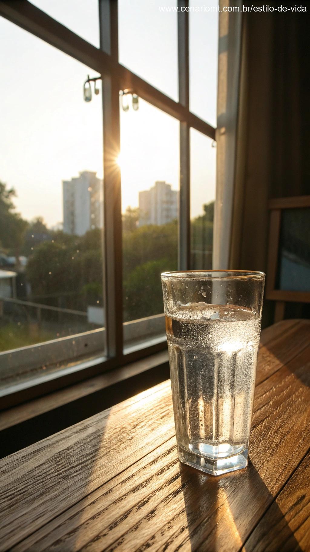 Copo de água sobre uma mesa de madeira com luz matinal, representando o hábito de beber água ao acordar.