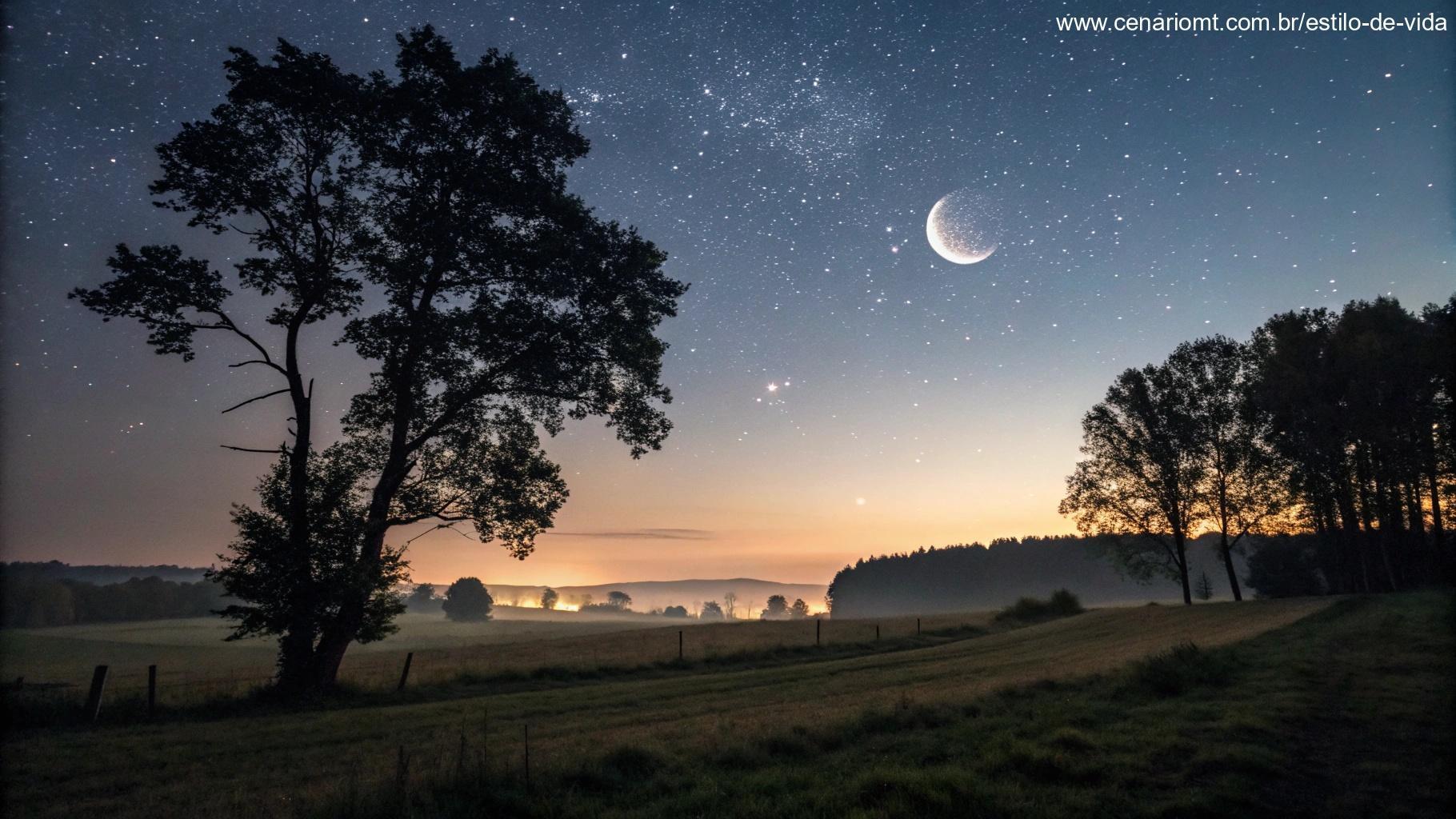 Campo tranquilo sob a lua nova, com árvores e estrelas visíveis no céu escuro.
