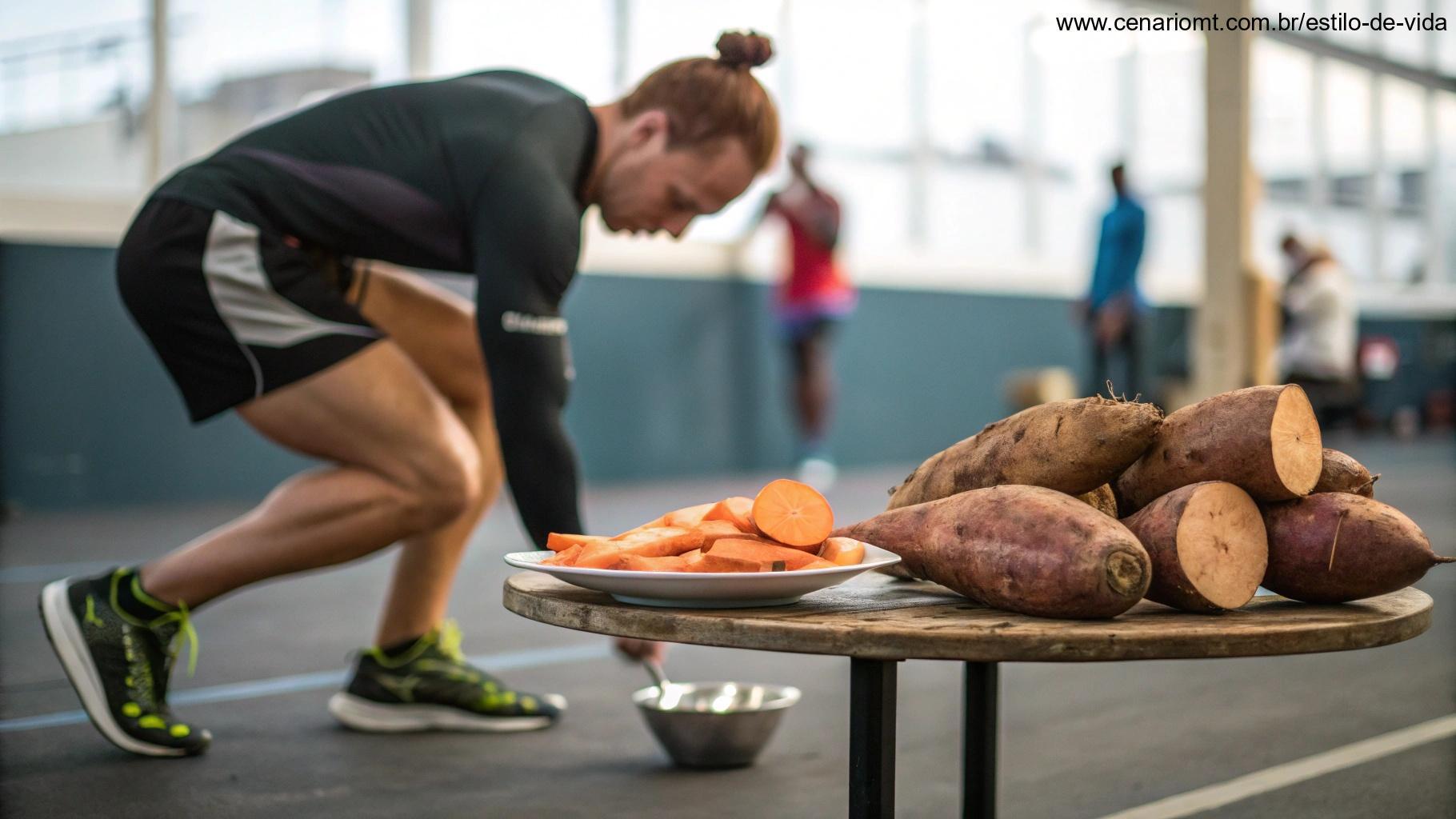 Atleta se preparando para treinar, com batata-doce e mandioca ao lado.