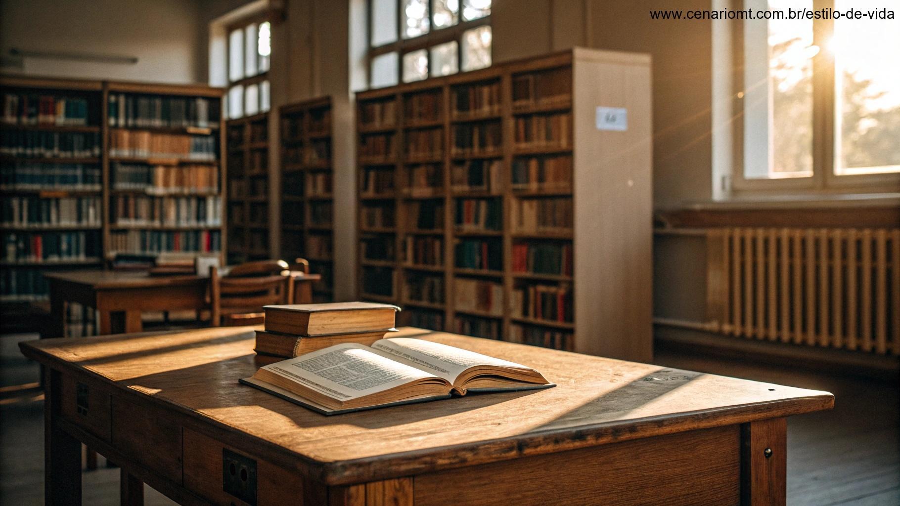 Biblioteca silenciosa com luz dourada suave.