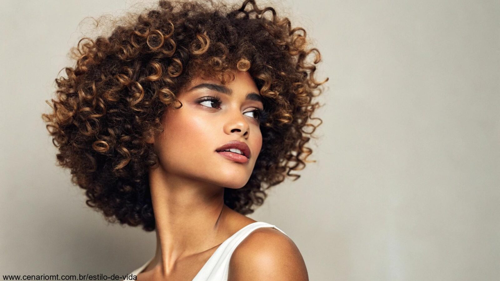 Mulher estilosa com cabelo cacheado, usando um corte bob, exibindo volume natural e definição.