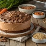 Um bolo de cenoura lindamente decorado com cobertura cremosa de chocolate, em uma mesa rústica de madeira, cercado por cenouras frescas e pequenas tigelas de ingredientes.
