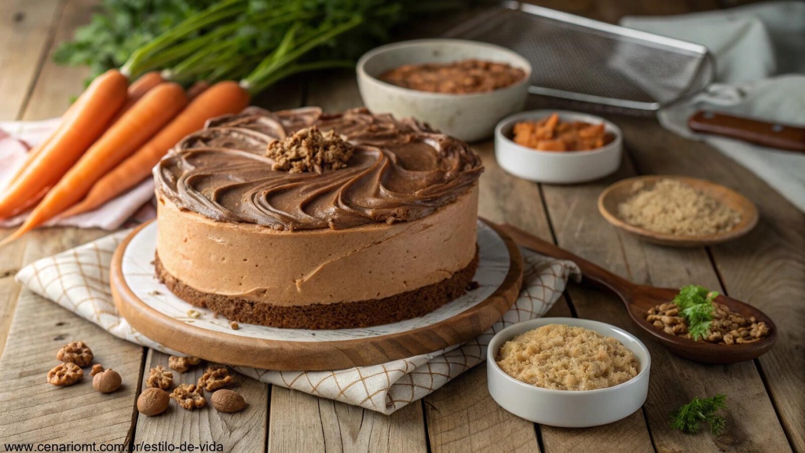 Um bolo de cenoura lindamente decorado com cobertura cremosa de chocolate, em uma mesa rústica de madeira, cercado por cenouras frescas e pequenas tigelas de ingredientes.