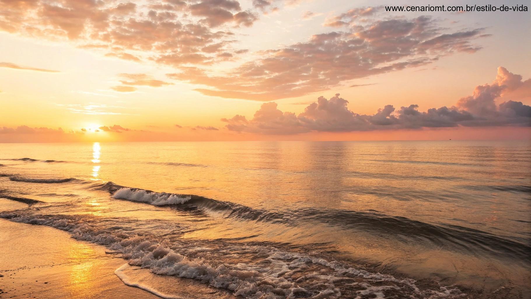 Um lindo nascer do sol sobre um mar calmo, com as ondas suaves refletindo a luz dourada, simbolizando um novo começo e esperança para um abençoado domingo.