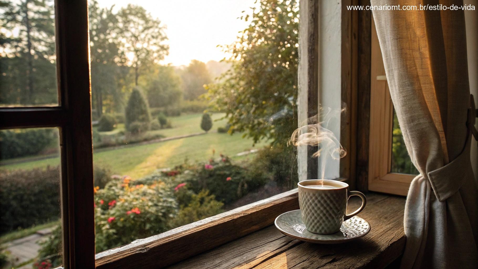 Cena acolhedora de manhã com uma xícara de café ao lado de uma janela com vista para um jardim.