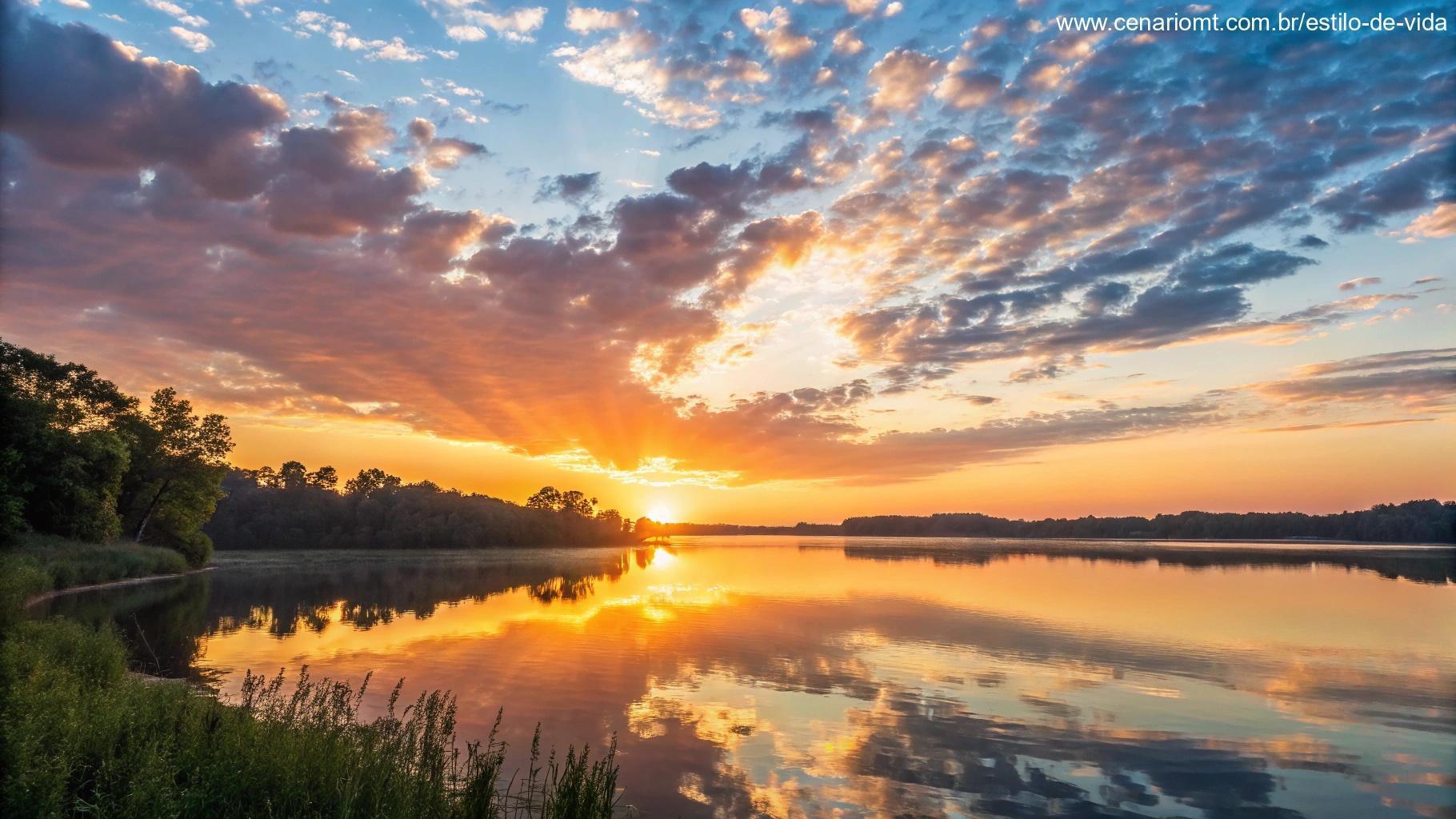 Amanhecer brilhante sobre um lago calmo, com nuvens suaves no céu, refletindo a tranquilidade do domingo.